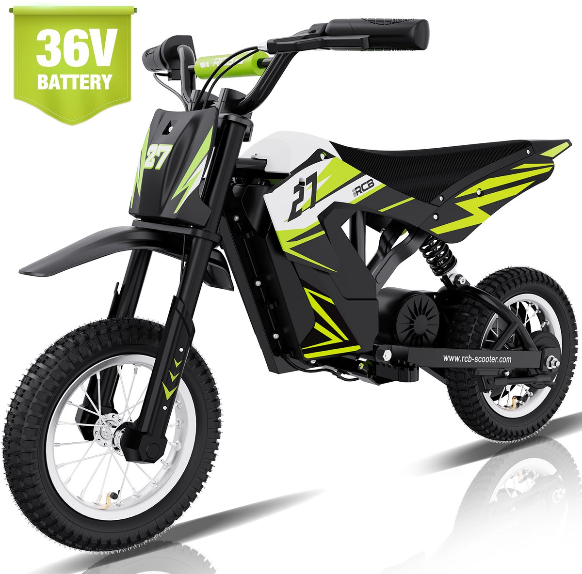 RCB Elektrische kindermotor | 36V Cross Bike Off-road| 3 Versnellingen (8/12/25 km/u)| | Groente/Zwart